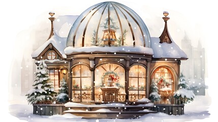 Obraz premium Whimsical snow globe featuring a cozy inviting teahouse nestled in a winter wonderland landscape emanating a warm glow from the windows and rendered in a dreamy watercolor inspired style This serene