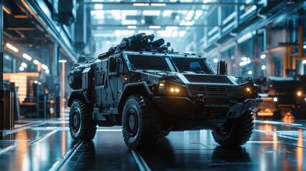 A futuristic military vehicle stands in a dimly lit, industrial setting.