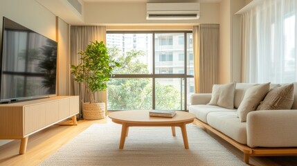 Minimalist living room with a large window, a white sofa, a wooden coffee table, a plant, and a flat-screen TV.