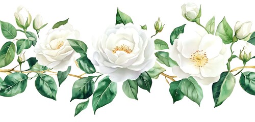 Watercolor seamless - illustration with green gold leaves, white flowers, rose, peony and branches, for wedding stationary, greetings, wallpapers, fashion, backgrounds, wrapper. Generative Ai