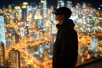 Obraz premium Man Wearing VR Headset Looks Out Over a Cityscape at Night
