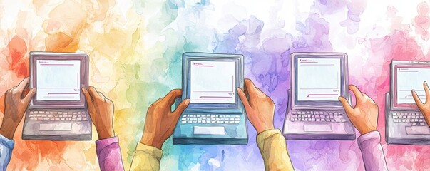 The image depicts hands using laptops against a colorful, watercolor background, symbolizing digital communication and creativity.