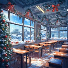 anime background of the school in xmas time