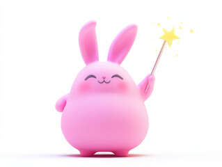 Kawaii fat rabbit with magic wand, smiling and cheerful, isolated on white background. Perfect for children themes and playful designs