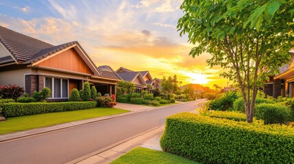 Fototapeta premium Serene Sunset Over Suburban Neighborhood