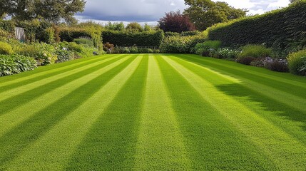 Naklejka premium Lush Green Lawn with Striped Design in Garden