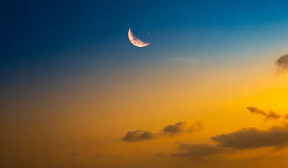 Background night sky of with crescent moon,and stars .Background Greeting card for the holy month of Ramadan of islam