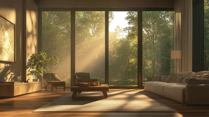 Fototapeta premium Modern living room with large windows overlooking a lush green forest with sunlight streaming through.