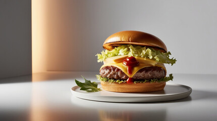 A mouthwatering burger photographed in a crisp, soft, golden lighting that accentuates the juicy patty, crispy lettuce, melted cheese, and toasted bun.
