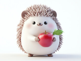 cute chubby 3D kawaii hedgehog holding red apple, isolated on white background, radiating joy and charm. Perfect for children illustrations or playful designs
