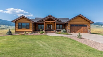 Fototapeta premium Modern Log Cabin with Stunning Mountain Views