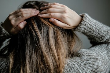 Obraz premium Woman with hands in hair, expressing emotion.