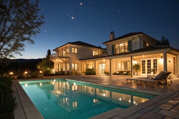 Luxury house with swimming pool illuminated at night