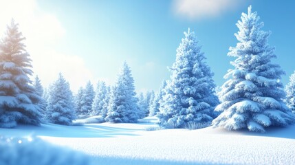 Naklejka premium Snowy landscape with frosted trees under blue sky.