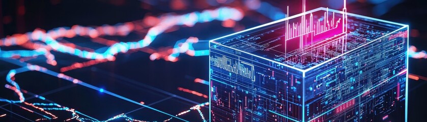 A futuristic digital cube surrounded by vibrant data visualizations, symbolizing technology, finance, and data analysis.