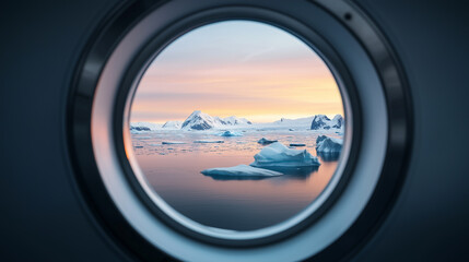Arctic Landscape Through Porthole at Sunset

