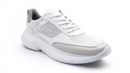 White leather and mesh sneaker with gray accents and white laces on a white background.