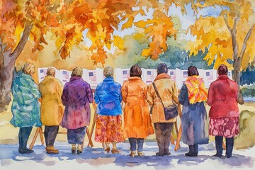 Fototapeta premium A vibrant watercolor painting depicting a group of women in colorful coats observing art displays under autumn foliage.
