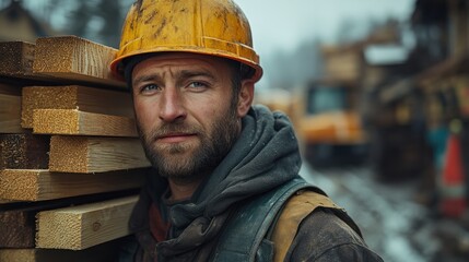 A construction worker in a yellow hard hat and work clothes stands with a stack of wooden planks leaning against his shoulder. He has a serious expression on his face.