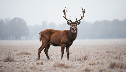 Fototapeta premium Red deer buck standing in the frosted grass on an early cold winter morning, England in winter