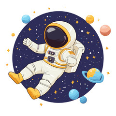 Fototapeta premium Charming Cartoon Astronaut in Space with Colorful Planets Stars and Cosmic Wonders Perfect for Illustrations Educational Content and Astronomy Enthusiasts