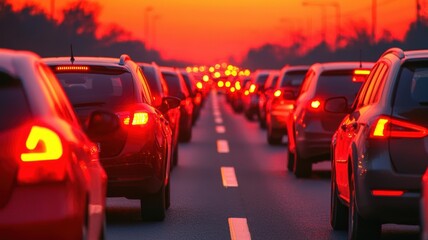 Early morning gridlock with blurred lights, exhausted commuters in endless rows of vehicles, urban traffic delay, morning commute stress