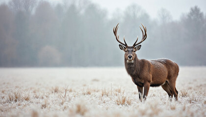 oung red deer buck standing in the frosted grass on an early cold winter morning, England in winter