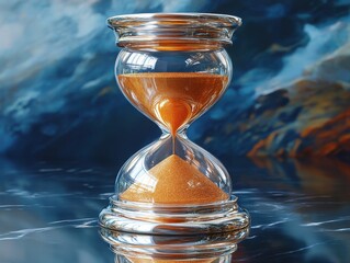 Elegant silver-framed hourglass filled with shimmering gold sand, resting on a sleek reflective glass table, intricate details enhance its timeless beauty