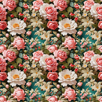 Seamless floral pattern with roses and blooms on vibrant background