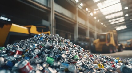 Obraz premium A large pile of aluminum cans in a recycling plant, with yellow machinery in the background.