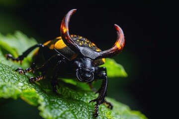 Fototapeta premium A close-up view of a striking black and yellow horned beetle perched on a green leaf, showcasing intricate details and vibrant colors.