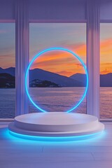 Fototapeta premium A white circular podium with blue neon lights on the front, set against an open window overlooking mountains and sea at sunset. 