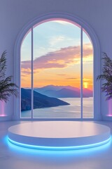 Fototapeta premium A white circular podium with blue neon lights on the front, set against an open window overlooking mountains and sea at sunset. 