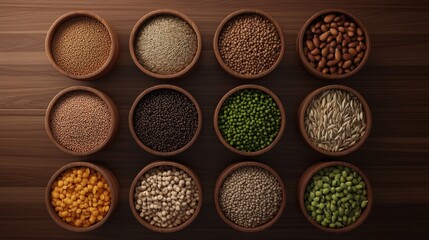 Variety of Grains and Legumes in Wooden Bowls on a Wooden Table. Healthy Food Concept