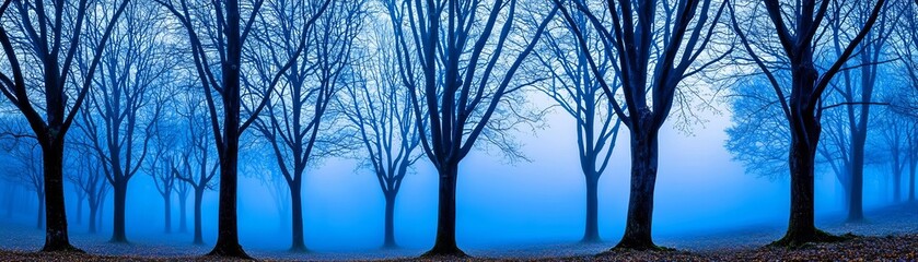 A serene landscape featuring bare trees shrouded in mist, creating a mystical atmosphere with blue hues and shadows.