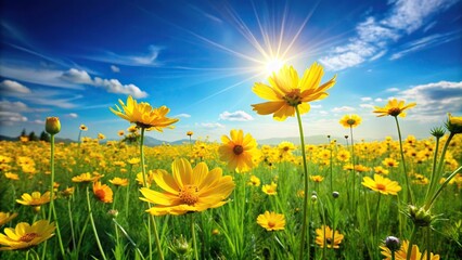 Happy yellow flowers blooming in a green meadow under clear blue sky, bloom, natural