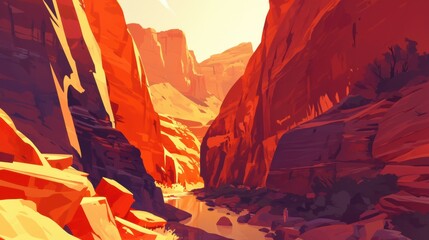 A dramatic canyon with steep, red rock walls and a river cutting through the middle. 