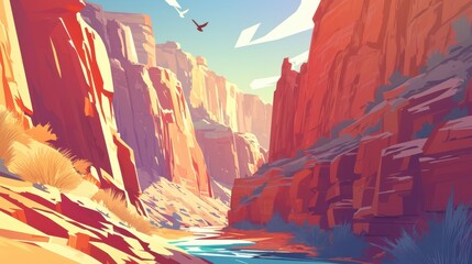 A dramatic canyon with steep, red rock walls and a river cutting through the middle. 