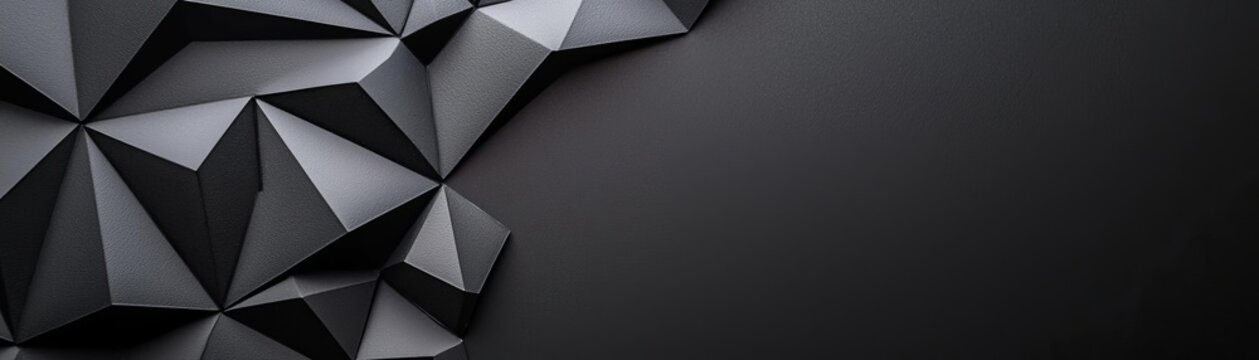 Abstract black geometric shapes arranged in a three-dimensional pattern on a dark background, perfect for modern design and artistic projects.