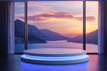 Fototapeta premium A white circular podium with blue neon lights on the front, set against an open window overlooking mountains and sea at sunset. 