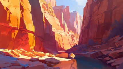 A dramatic canyon with steep, red rock walls and a river cutting through the middle. 