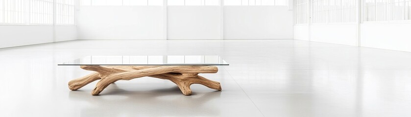 Elegant wooden coffee table with a glass top in a minimalistic modern interior setting.