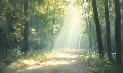 Obraz premium sun rays through the forest-generative ai