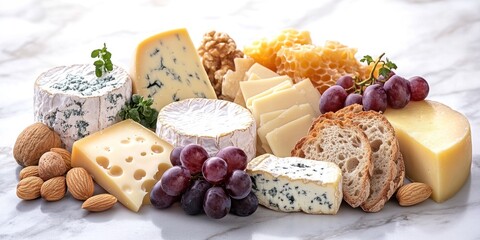A Selection of Cheeses, Grapes, Bread, and Almonds