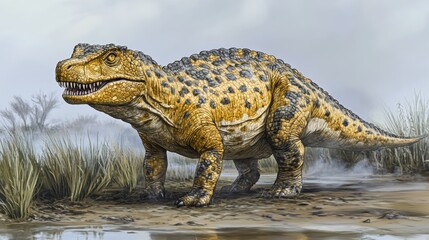 Prehistoric Dinosaur Illustration   Reptilian Predator in Forested Landscape