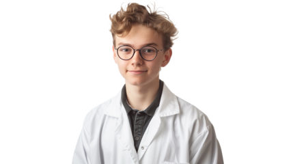 portrait of a young male scientist isolated on transparent background, doctor cut out 