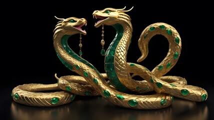 Fototapeta premium Golden Dragon Serpent Tattoo, Ancient Chinese Mythological Creature, Oriental Art Illustration