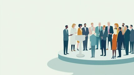 A diverse group of people gathered on a platform, engaged in conversation, reflecting unity and collaboration in a professional setting.