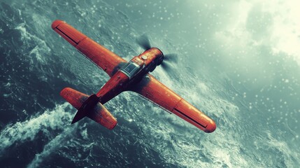 Obraz premium Red plane over rough sea. Generative AI