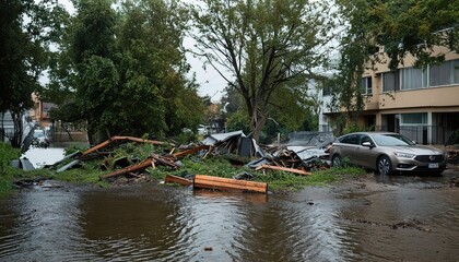 Fototapeta premium Urban Flooding in City Streets After Heavy Rainfall – High Water Levels Causing Disruption and Damage